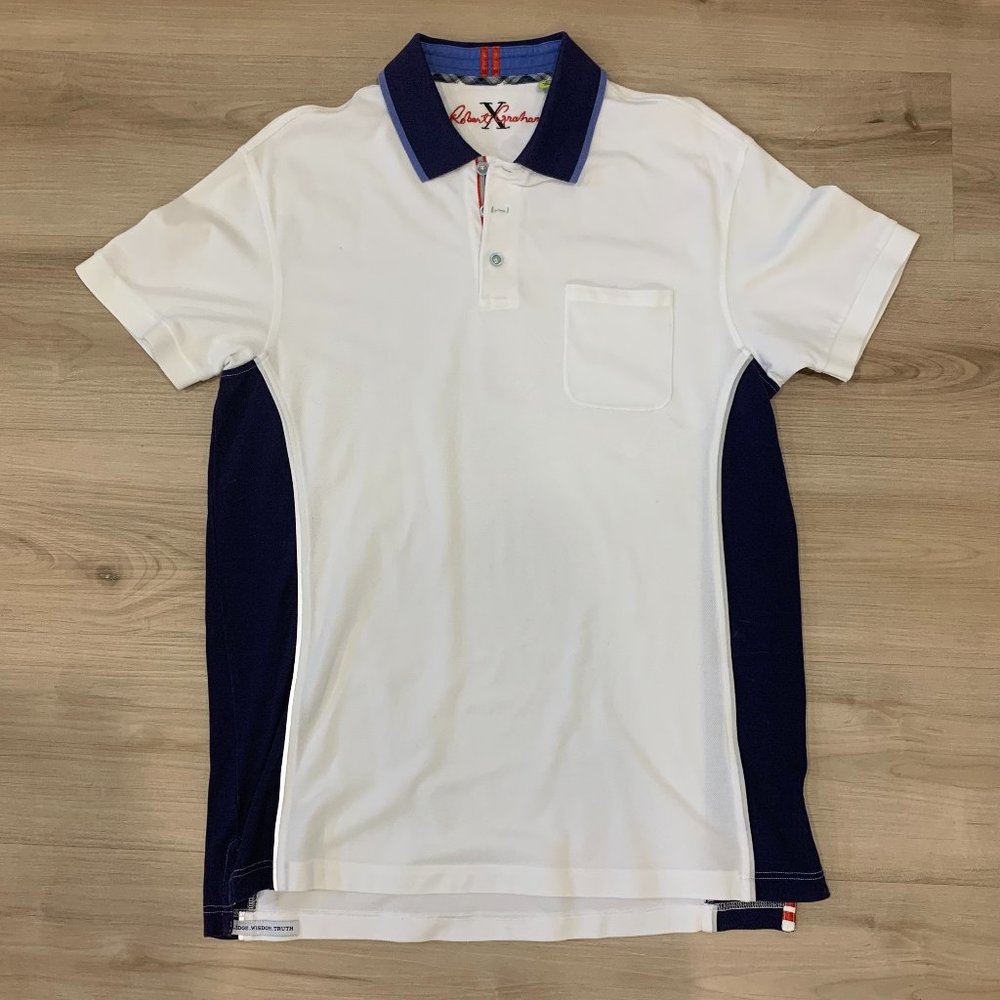 Robert Graham Men's luxury polo shirt in size Large, White and Blue